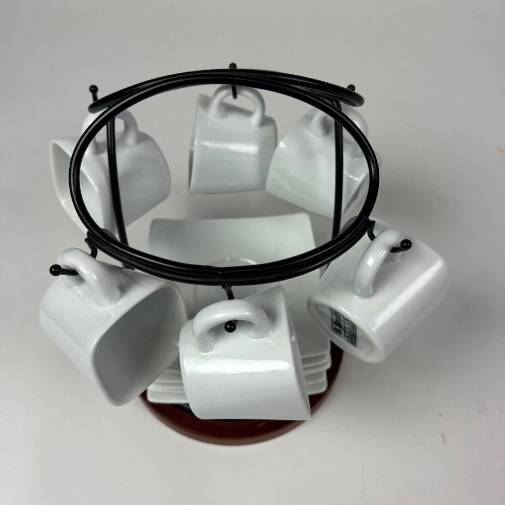 B Smith Style Ceramic Expresso Coffee Set White w/ Hanging Rack Set Of 6
